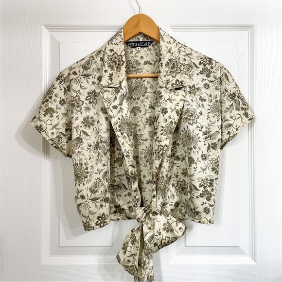 Vintage Silk Satin Tie Front Crop Top Green Floral - Picture 1 of 16